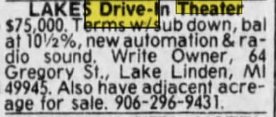 Lakes Drive-In Theatre - Aug 1984 For Sale